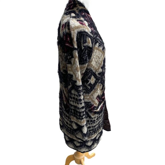 NWOT BCBGMaxazria Fuzzy Eyelash Tribal Cardigan Sz M Burgundy Black Duster Gems - Picture 7 of 15